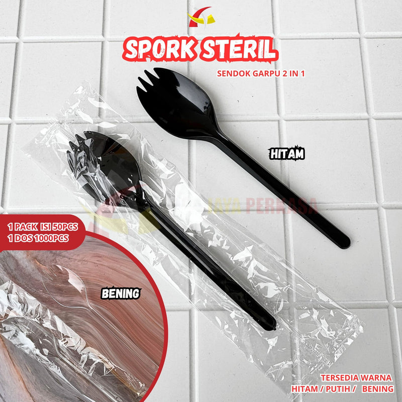 Spork Tebal Hitam Putih Bening Super Quality 50pcs