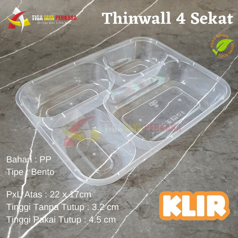 Thinwall Bento Plastik Sekat 4 KLIR 25pcs + Tutup