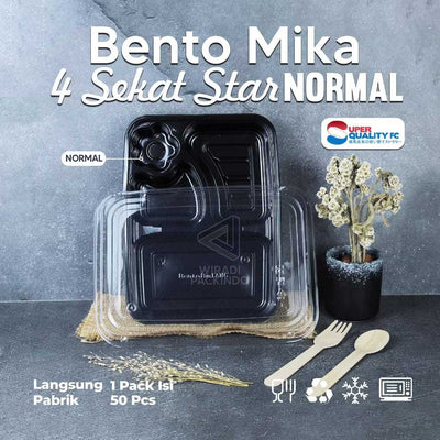 Bento 4 Sekat Star Hitam Super Quality + Tutup 50Pcs